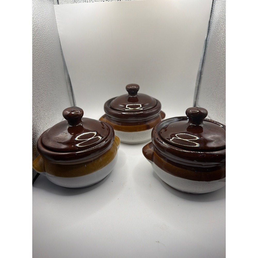 Set of 3 Vintage French Onion Soup Ceramic Crock Chili Bowls with Lids Pottery